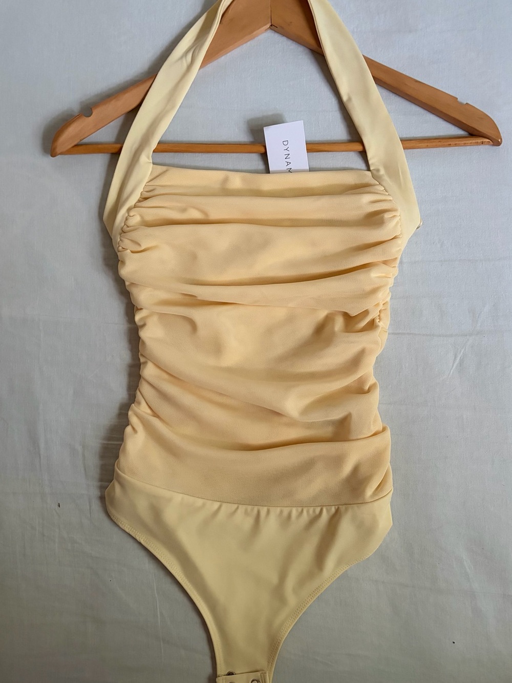Dynamite Pale Yellow Halter Ruched Bodysuit